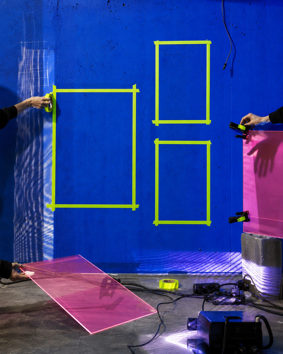 Anonymous hands installing an experimental exhibition on an electric-blue wall